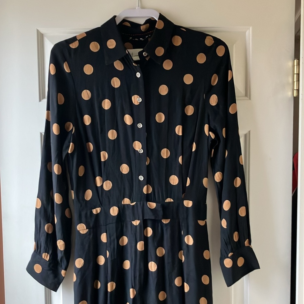 Anthropologie Loveland Wide-Leg Jumpsuit Polka Dots Black/Tan Size 4 - Picture 5 of 16